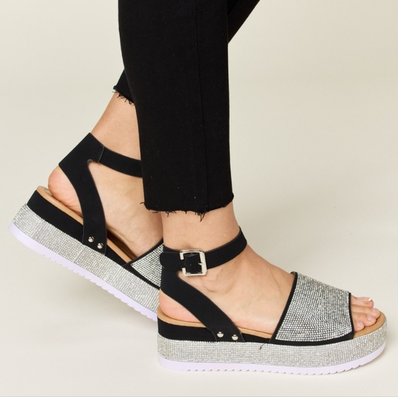Dazzling Rhinestone Buckle Wedge Sandals - Picture 2 of 6